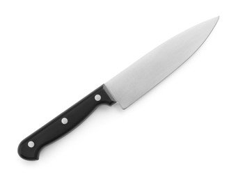 Photo of One sharp knife isolated on white, top view