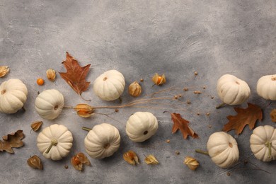 Flat lay composition with different fresh ripe pumpkins on light grey table