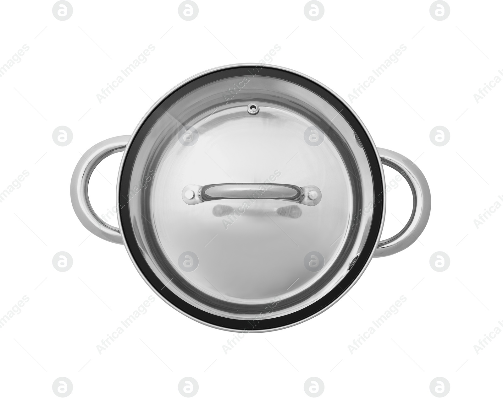 Photo of One steel pot with glass lid isolated on white, top view