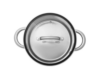 Photo of One steel pot with glass lid isolated on white, top view