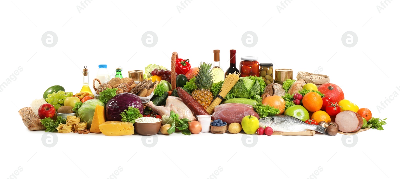 Photo of Different products on white background. Healthy food and balanced diet