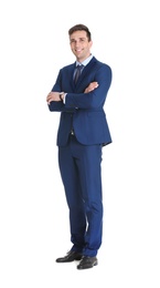 Photo of Handsome young man in suit on white background