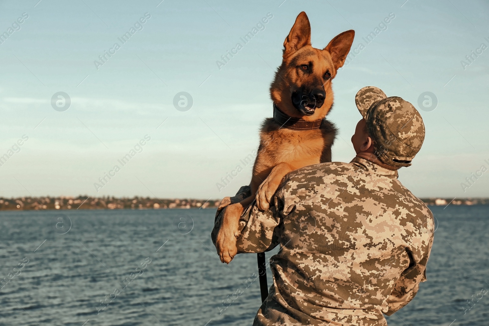Image of Man in military uniform with German shepherd dog outdoors