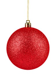 Image of Red Christmas ball hanging on white background