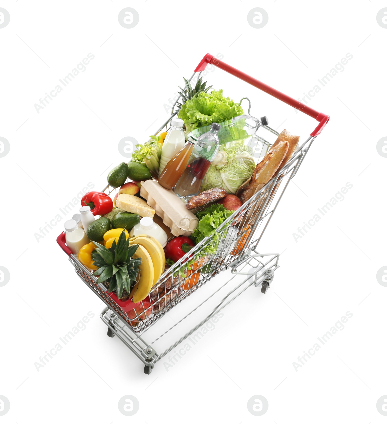 Photo of Shopping cart with groceries on white background, above view