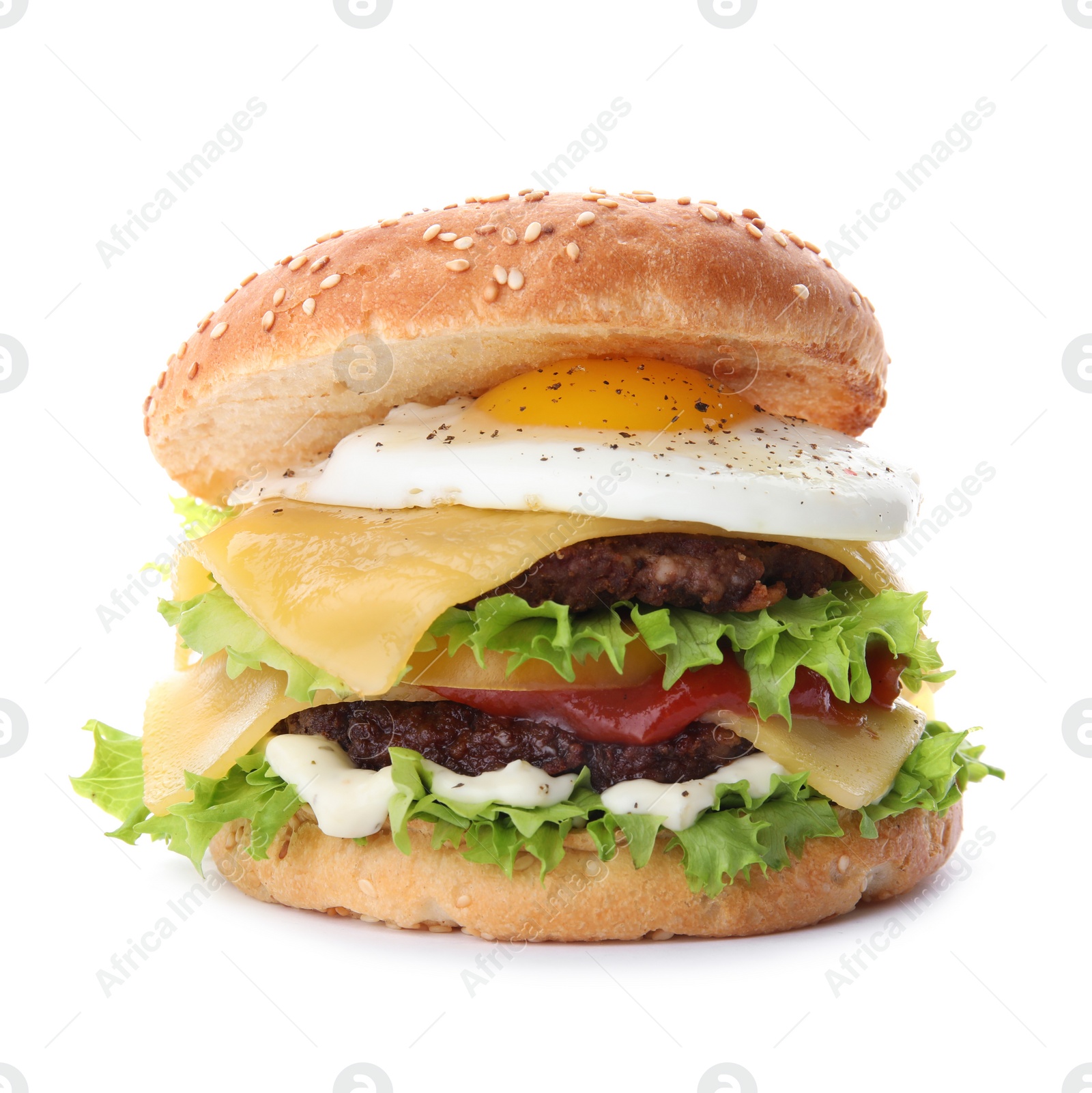 Photo of Tasty burger with fried egg on white background