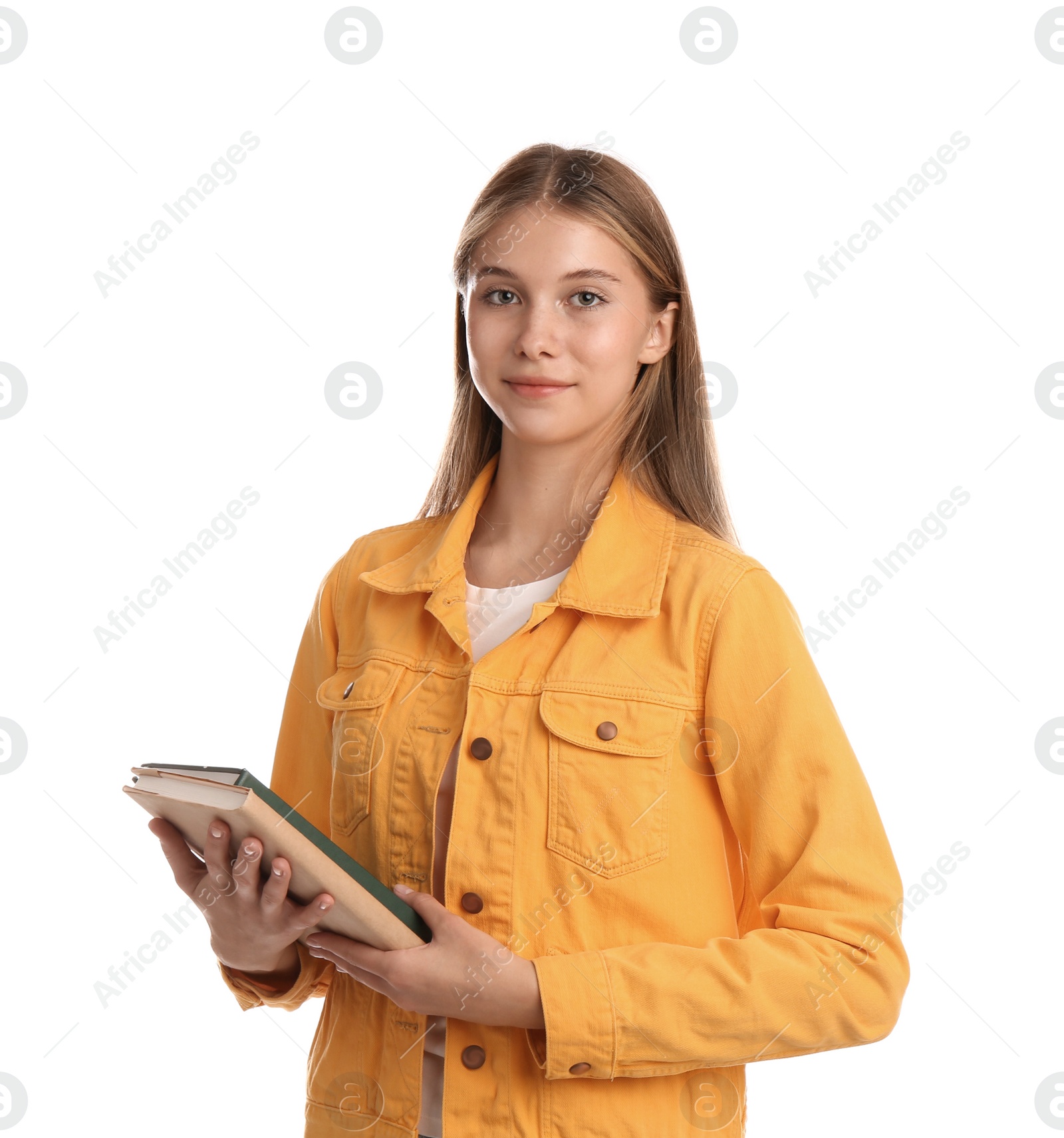 Photo of Teenage student holding books on white background