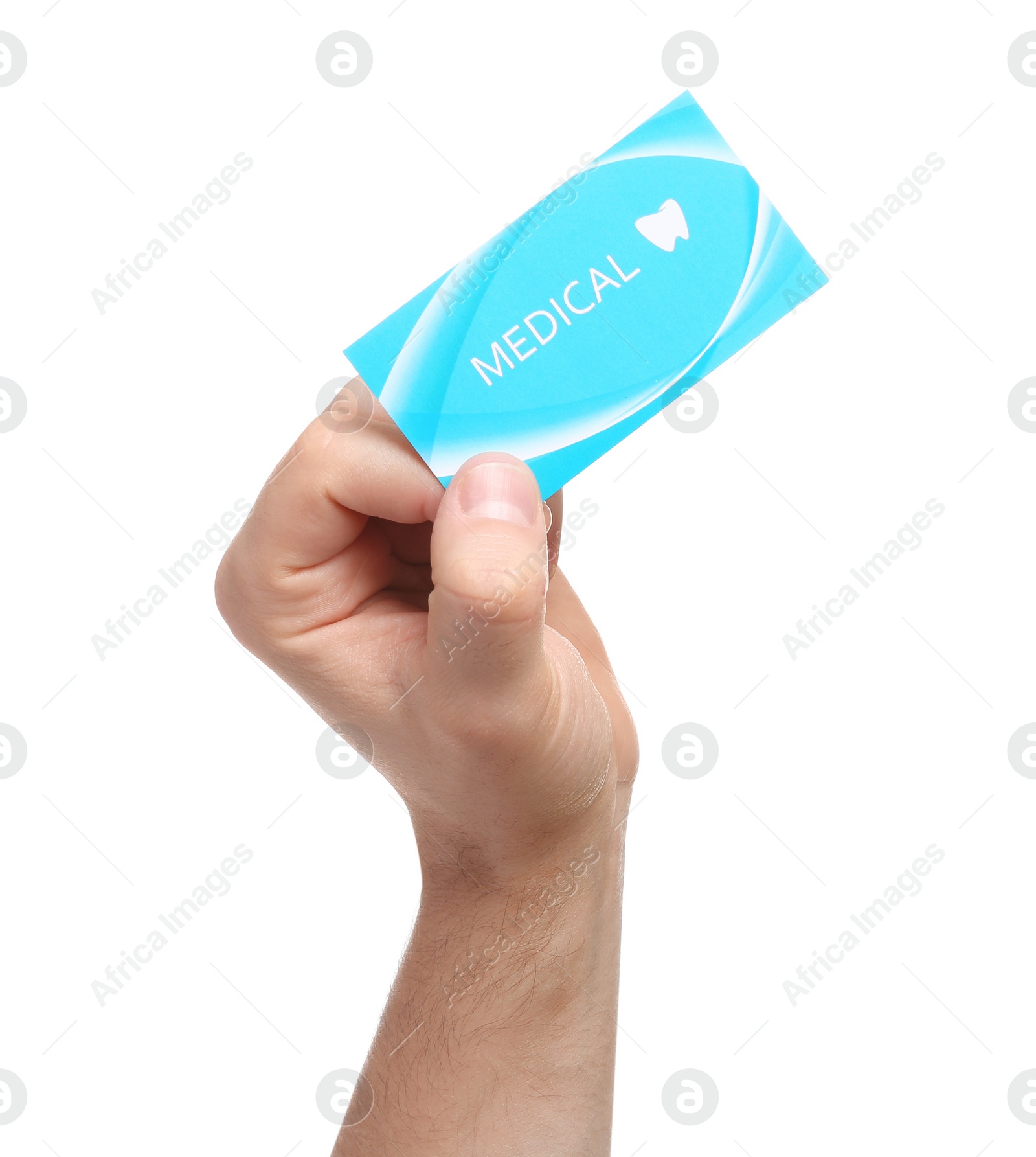 Photo of Man holding business card isolated on white, closeup. Dental medical service