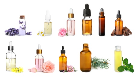 Image of Set of different essential oils for aromatherapy on white background
