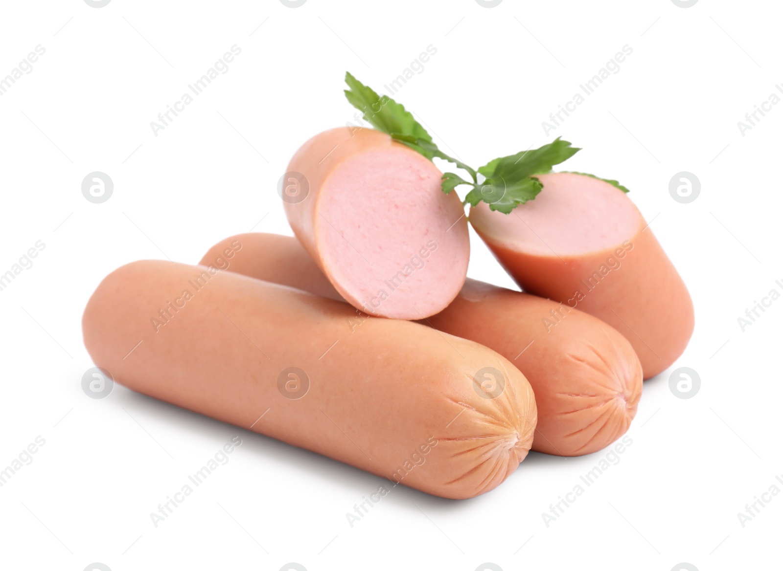 Photo of Whole and cut delicious boiled sausages with parsley on white background