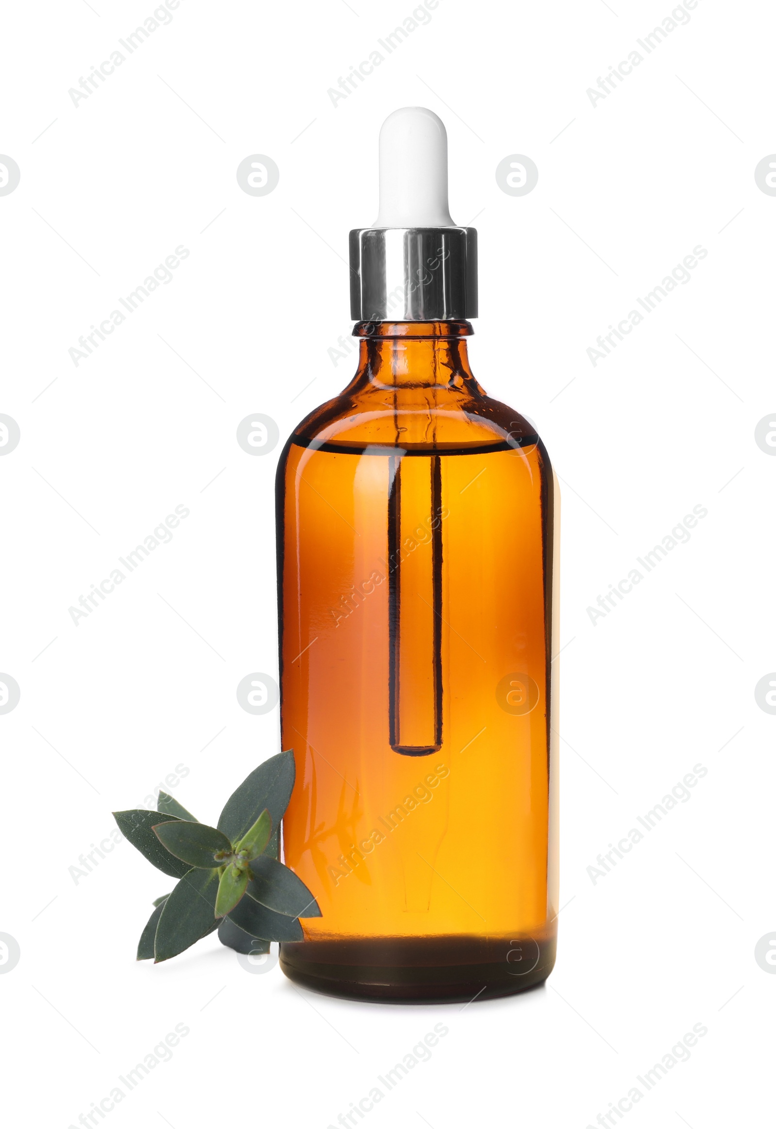 Photo of Bottle of hydrophilic oil and green branch on white background