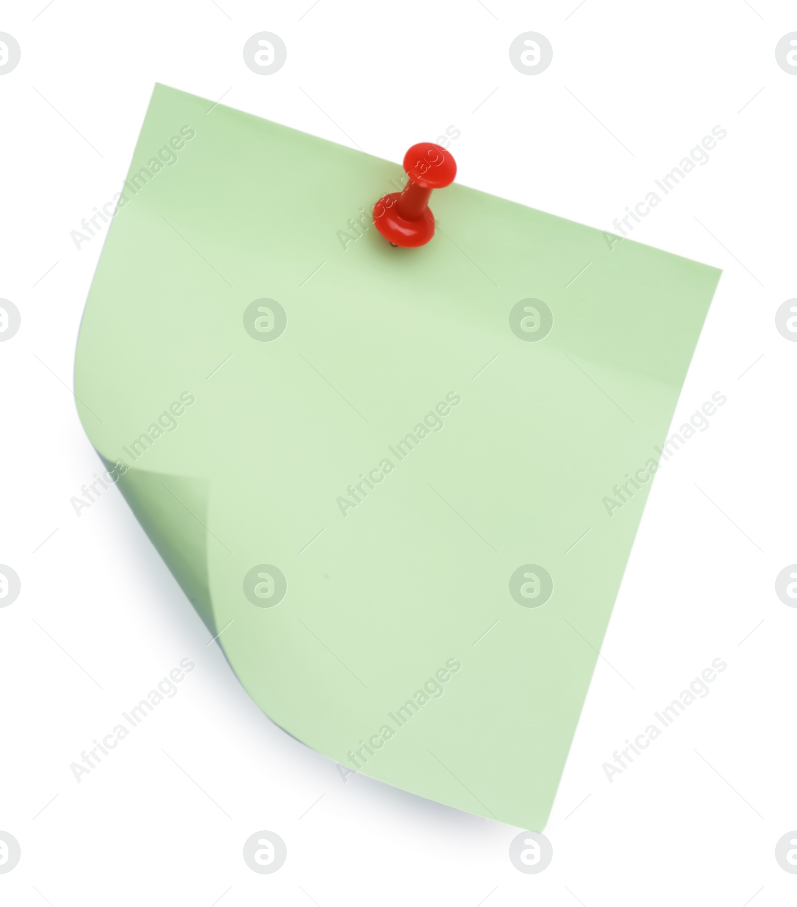 Photo of Blank light green note pinned on white background, top view