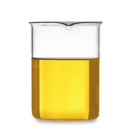 Photo of Glass beaker with liquid on white background. Solution chemistry