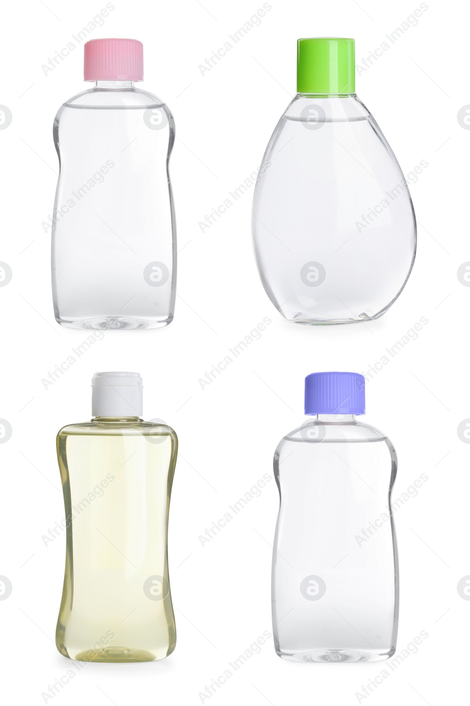 Image of Set with bottles of baby oil on white background