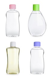 Image of Set with bottles of baby oil on white background