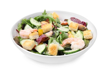 Photo of Delicious salad with croutons, cucumber and shrimp isolated on white