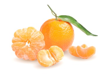 Image of Tasty ripe tangerines and green leaf on white background