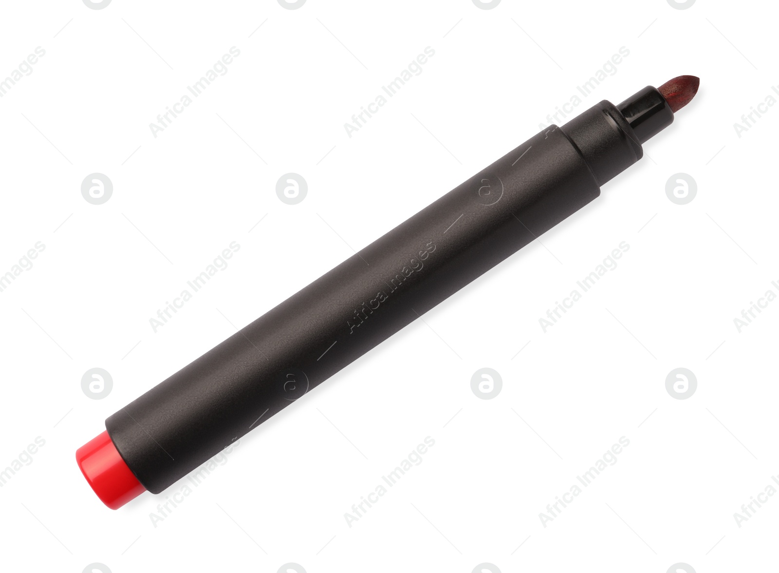 Photo of Bright red marker isolated on white, top view. School stationery