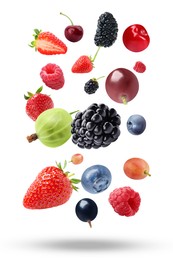 Image of Many different fresh berries falling on white background