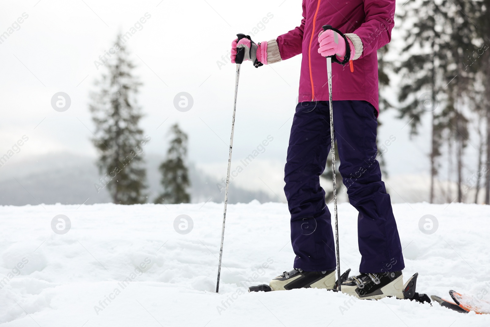 Photo of Female skier on slope at resort, closeup with space for text. Winter vacation