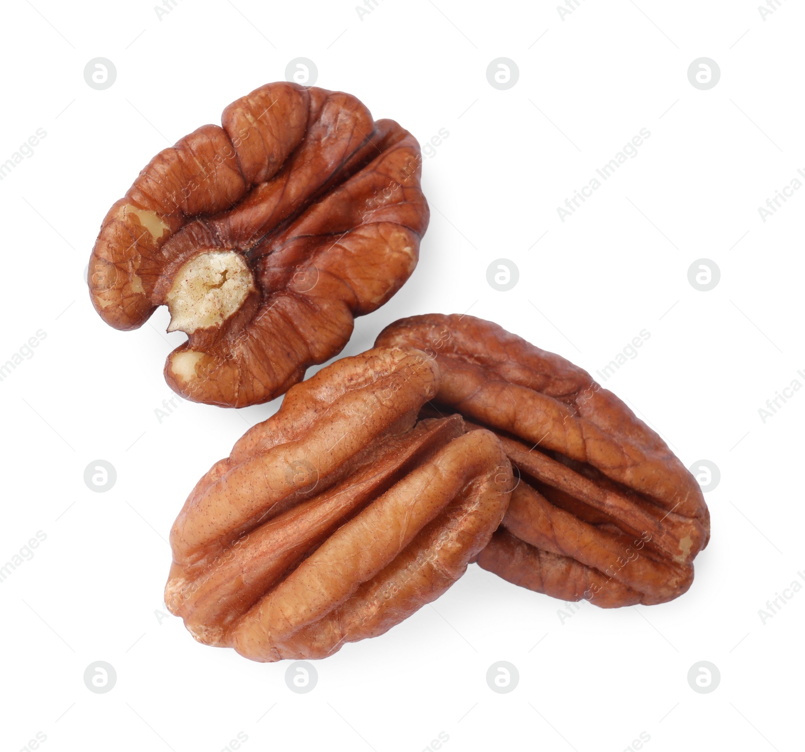 Photo of Tasty pecan nuts isolated on white, top view