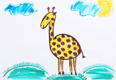 Photo of Colorful children painting of beautiful giraffe on white background