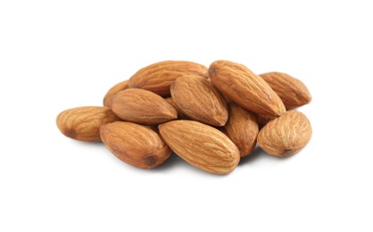 Photo of Organic almond nuts on white background. Healthy snack