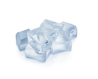 Photo of Crystal clear ice cubes on white background