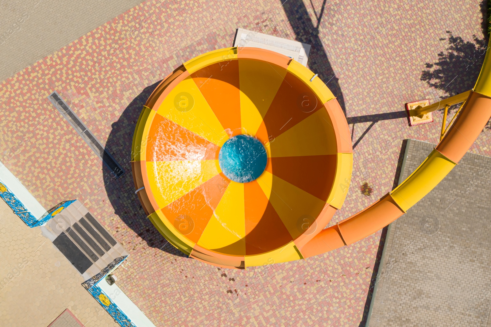 Image of Aerial view of colorful slide in water park