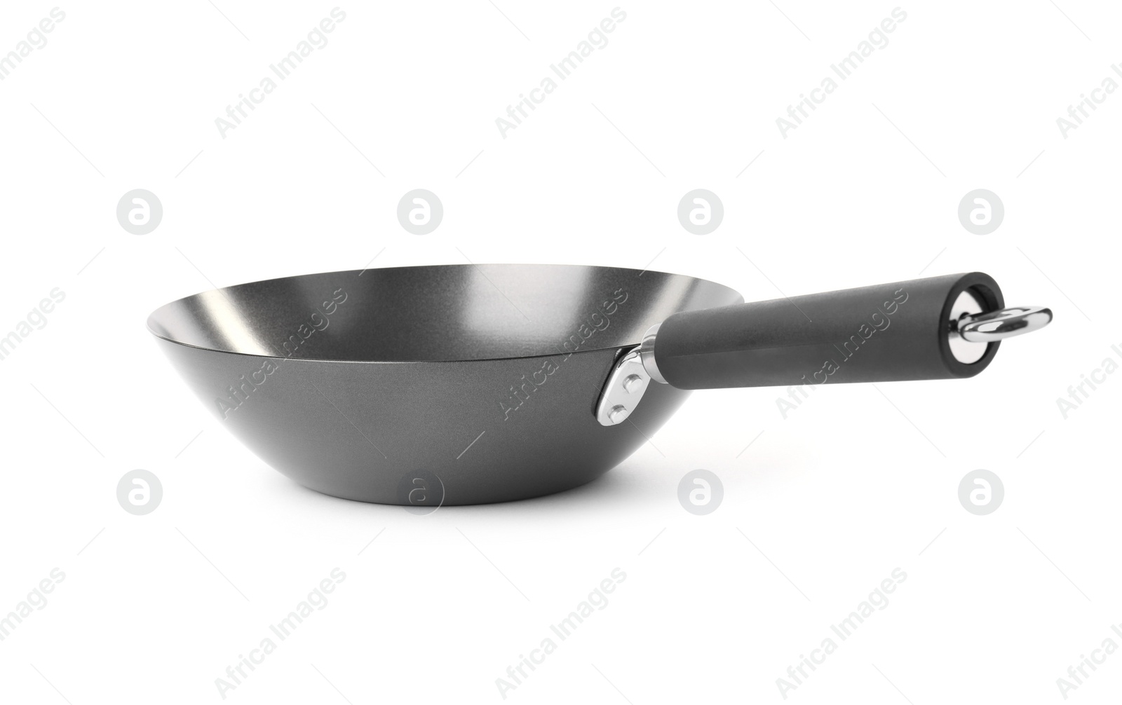 Photo of One empty metal wok isolated on white