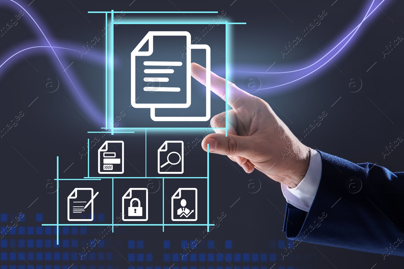 Image of Man pointing at document icon on virtual screen, closeup