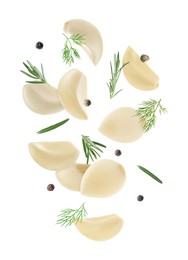 Image of Fresh garlic cloves, peppercorns, dill and rosemary falling on white background