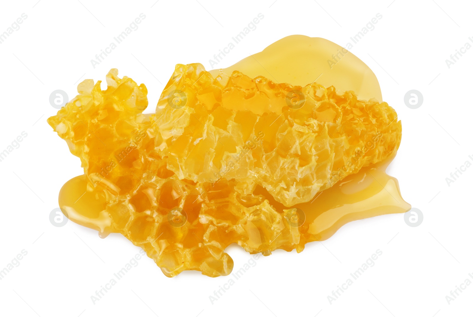 Photo of Pieces of natural honeycomb with tasty honey isolated on white