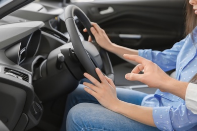 Salesman consulting young woman in auto at dealership. Buying new car