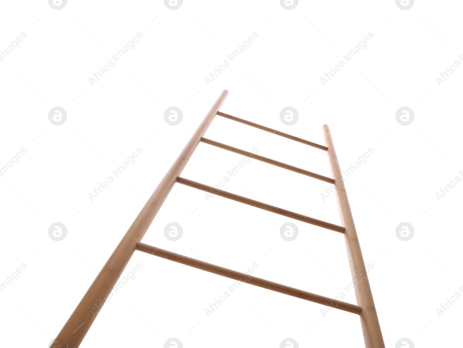 Photo of Modern wooden ladder isolated on white, low angle view