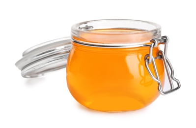 Photo of Tasty jelly dessert in glass jar on white background