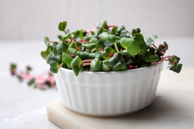 Photo of Fresh organic microgreen on white table, closeup