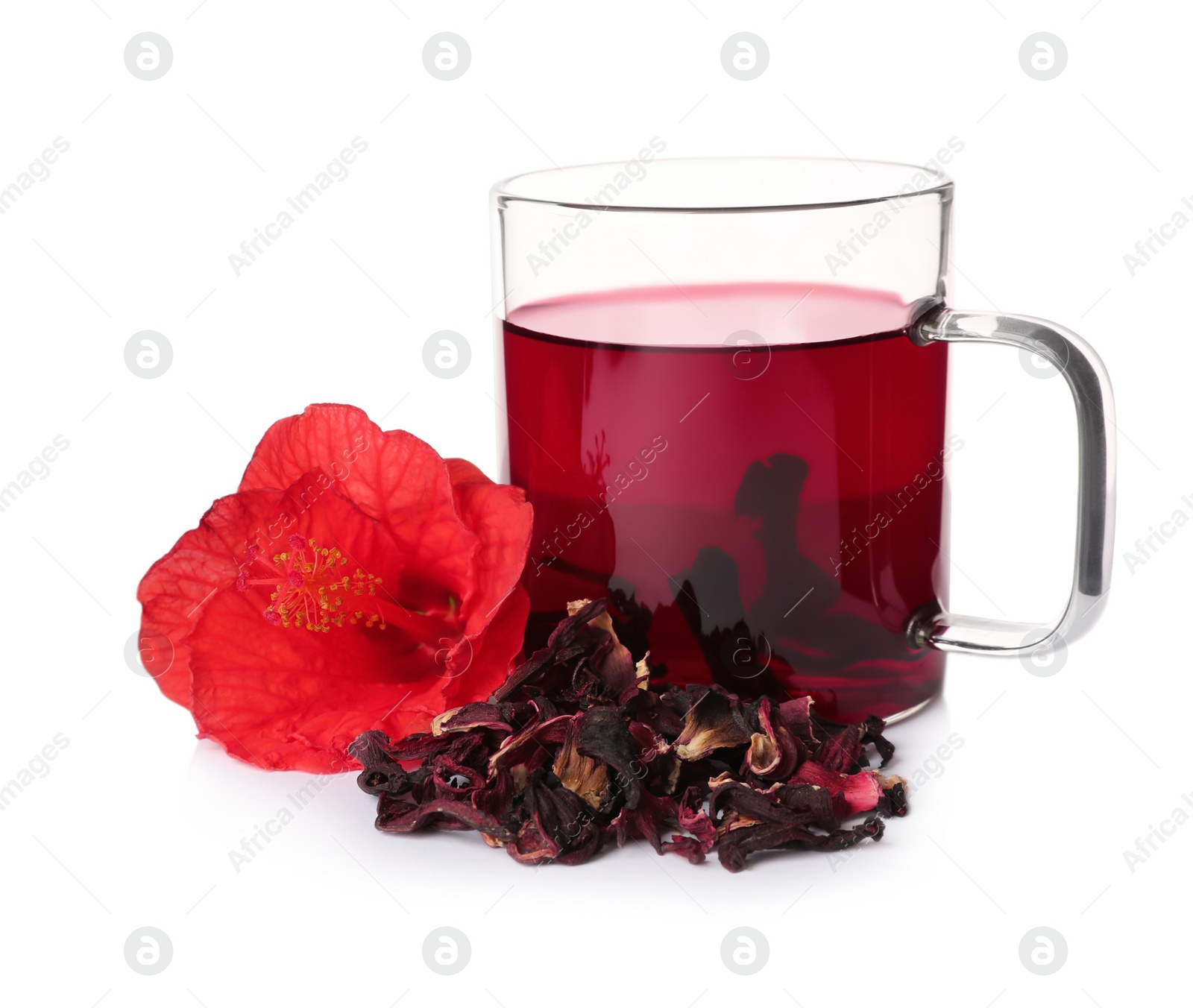 Photo of Delicious hibiscus tea and dry flowers on white background