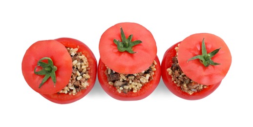 Delicious stuffed tomatoes with minced beef, bulgur and mushrooms isolated on white, top view