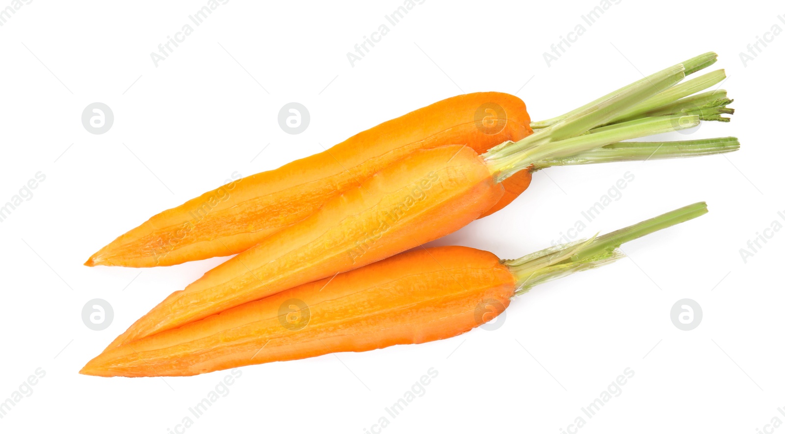 Photo of Cut fresh ripe carrot isolated on white, top view