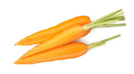Photo of Cut fresh ripe carrot isolated on white, top view