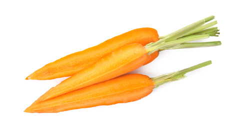 Cut fresh ripe carrot isolated on white, top view