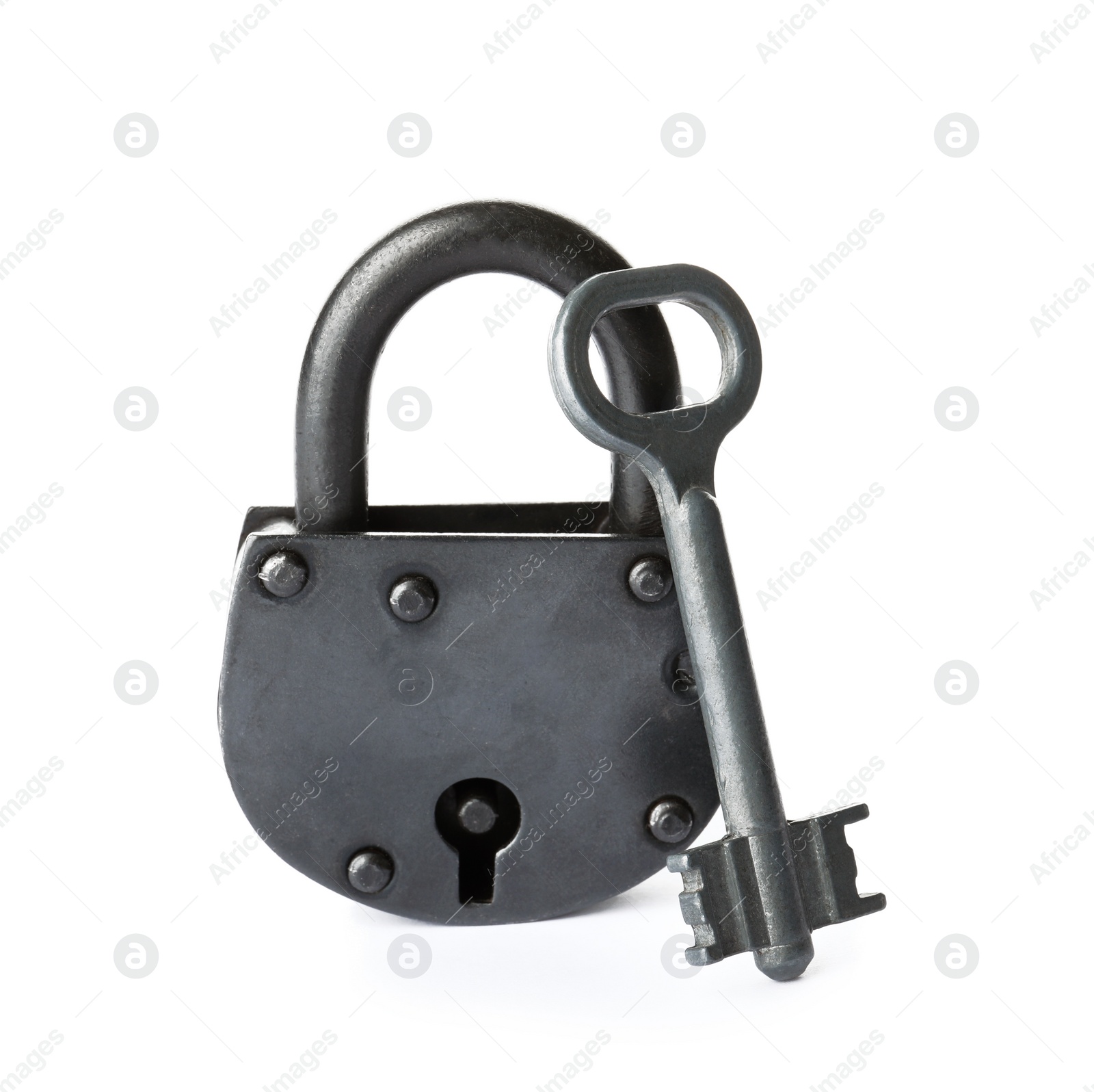 Photo of Key and vintage padlock on white background