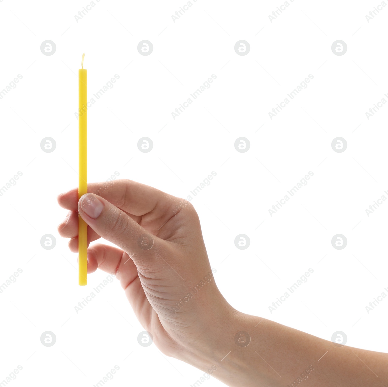 Photo of Woman holding church candle on white background, closeup