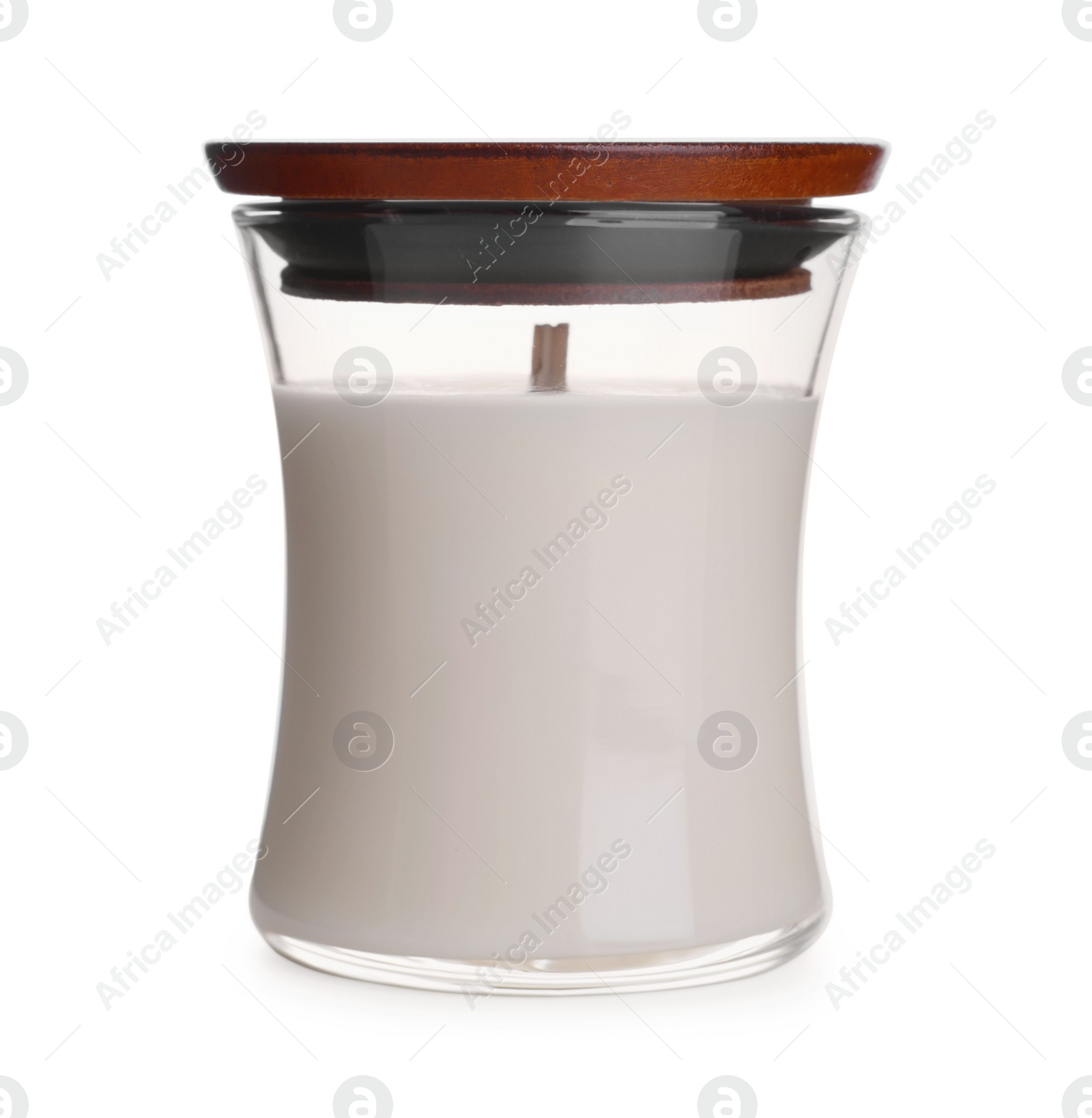 Photo of Aromatic candle in glass holder with lid isolated on white