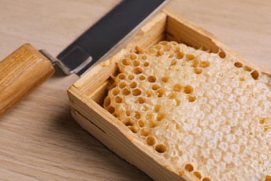 Photo of Honeycomb frame and uncapping knife on wooden table, closeup. Beekeeping tools