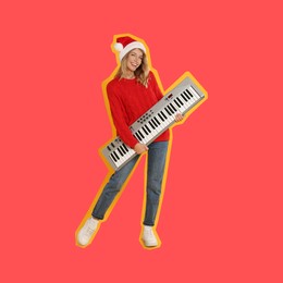 Image of Pop art poster. Young woman in Santa hat with synthesizer on red background
