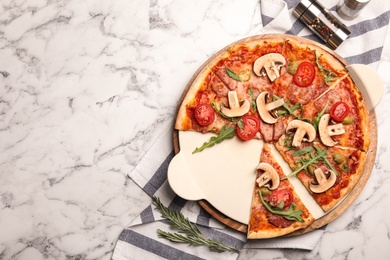 Photo of Flat lay composition with delicious pizza baked in oven on marble table, space for text