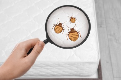 Image of Woman with magnifying glass detecting bed bugs on mattress , top view