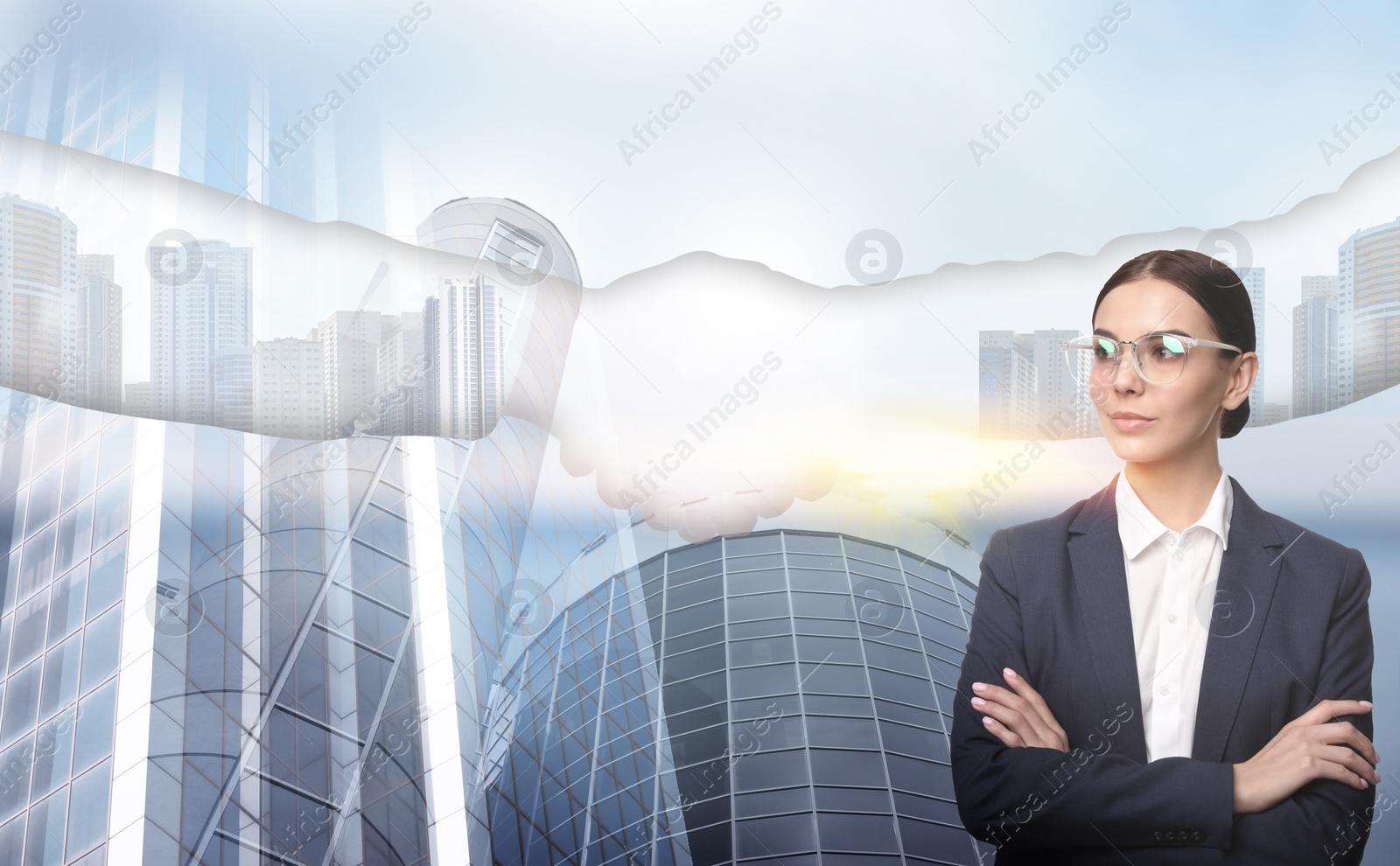 Image of Multiple exposure of businesswoman, partners shaking hands and cityscape